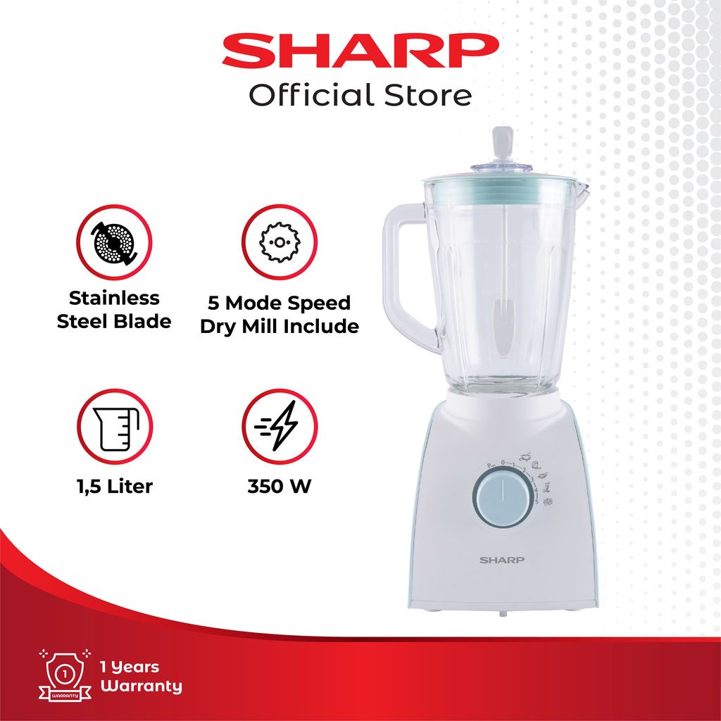 Sharp Blender Glass Jar with Dry Mill & Chopeer EM-152G-BL (BLUE) SHARP INDONESIA OFFICIAL STORE