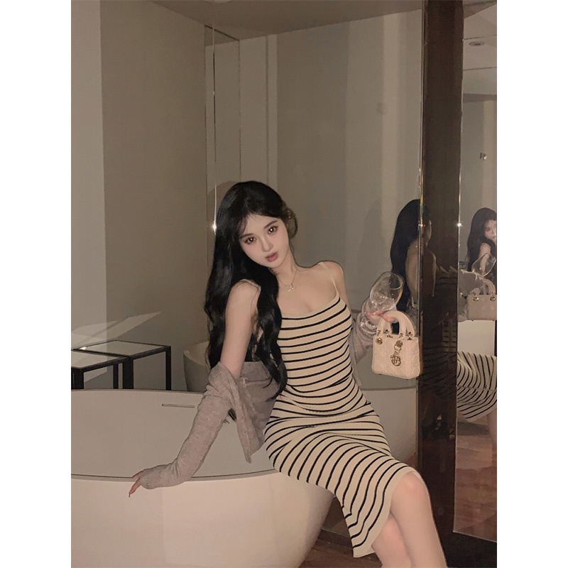 ┋☽✌cropped top striped suspender dress mid-length bag hip skirt design sense summer suit top long-sleeve knitted cardigan women #COD