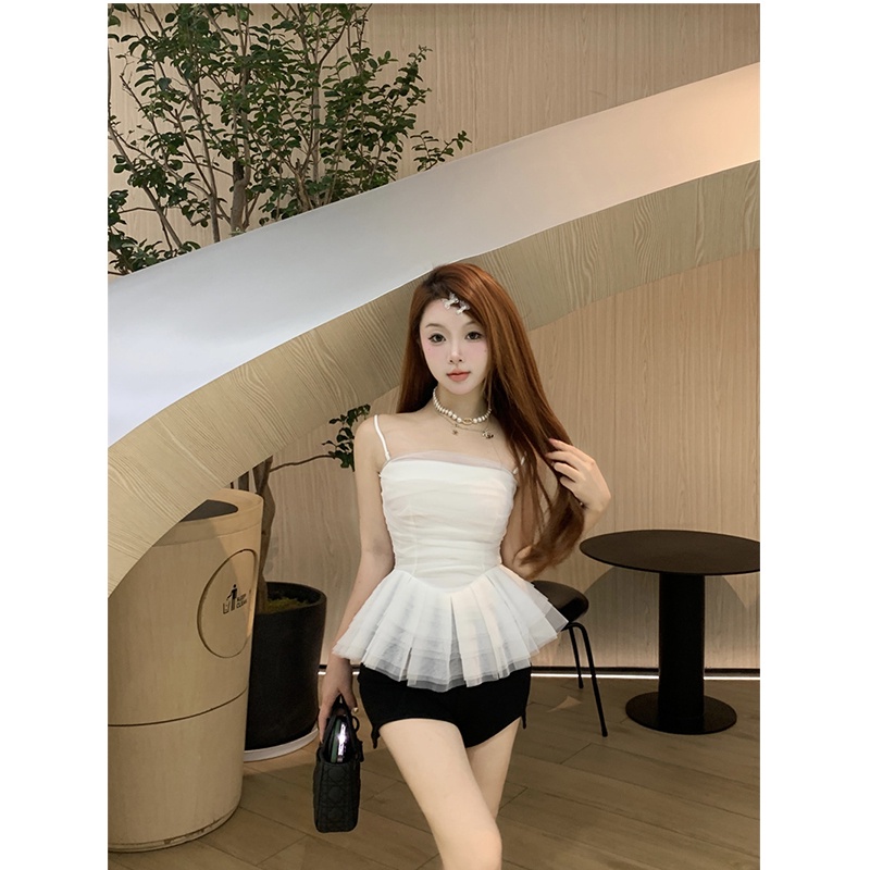 ☄☢❖cropped top Selebriti memakai tube top jala musim panas kamisol tanpa lengan top hot pants celana pendek setelan wanita ketat pinggang tinggi #COD