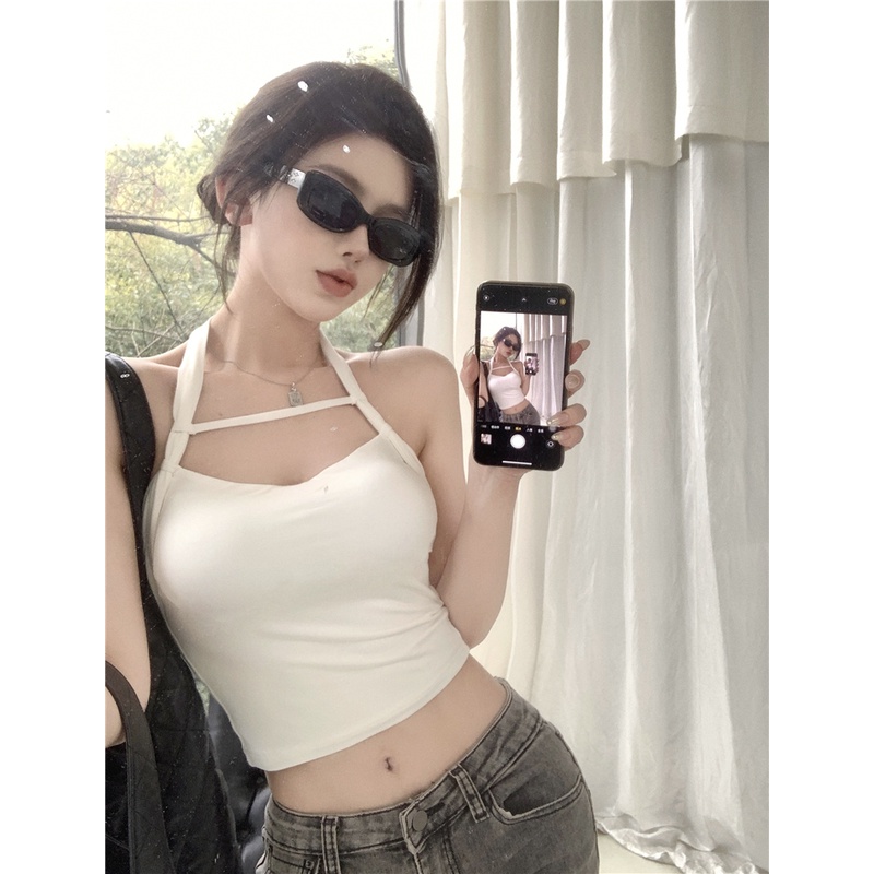 ❒Cropped top Sexy Halter Neck Tanpa Lengan Musim Semi Musim Panas Berongga Di Dalam Tali Bawah Kemeja Top Wanita Rompi Gaya Korea Anti-Slim Wanita Ramping #COD