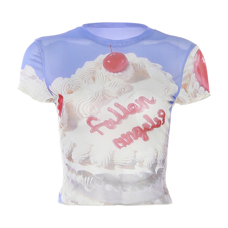 ❈cropped top summer sweetheart girl cherry girl all-match thin T-shirt female design sense cake printing top #COD