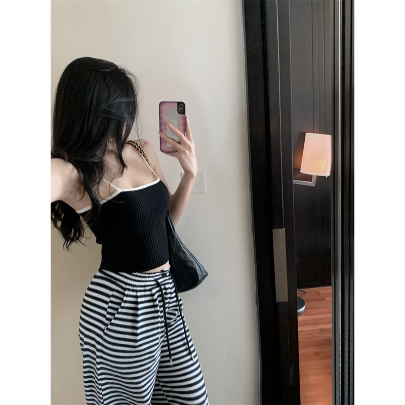 ♣cropped top striped loose casual pants high waist niche wide leg pants spring and summer babes wear tops bottoming suspender suit women #COD