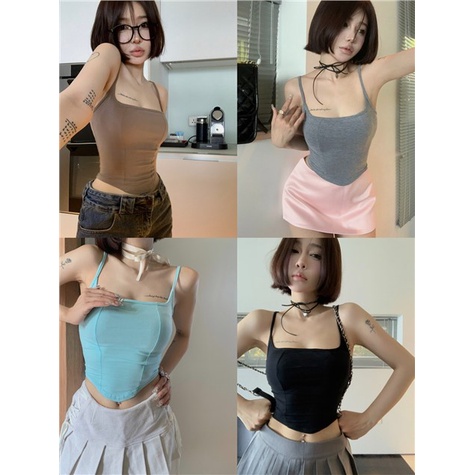 ◕Cropped top Irregular New Slim Fishbone Gaya Korea Musim Panas Kamisol Atasan Anti-Flip Temperamen Kemeja Bawah Wanita #COD