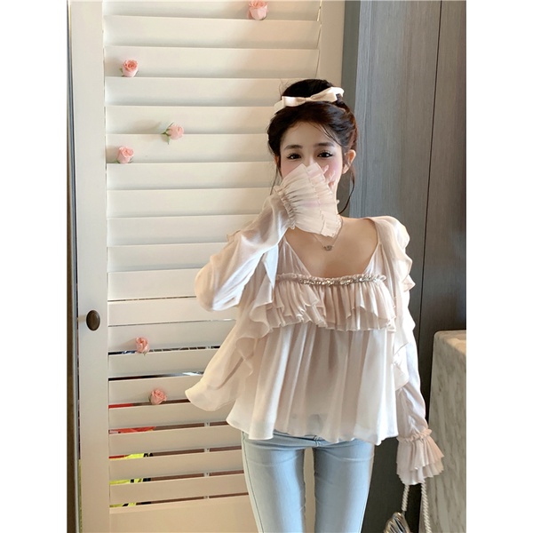 ♕ↂcropped top Musim Panas Angin Lembut Desain Sifon Tanpa Lengan Kamisol Top Set Longgar Ruffle Tepi Tabir Surya Kardigan lengan Panjang Wanita #COD