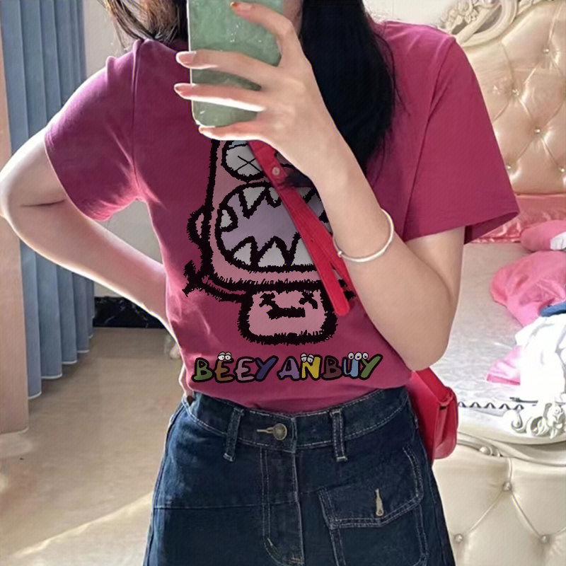 Suhao dragon fruit color monster pure cotton t-shirt women s summer original niche design oversize shoulder top kaos import wanita kaos wanita korean style lengan pendek kaos pendek perempuan