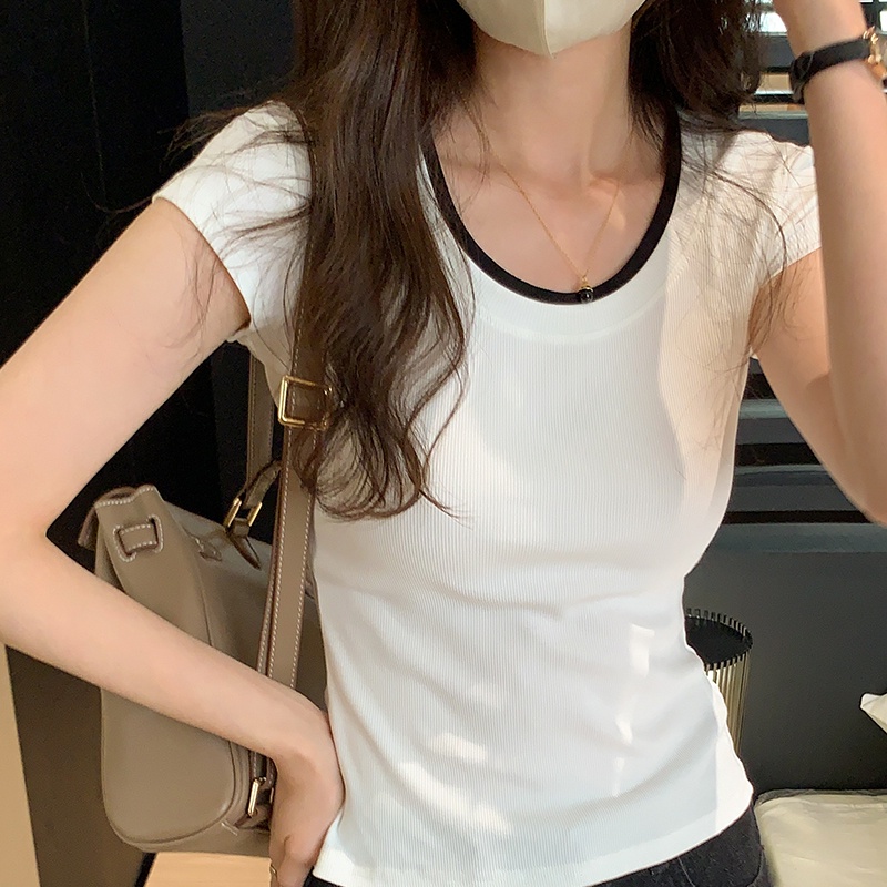 Suhao white u-neck fake two-piece front shoulder short-sleeve t-shirt women s summer kontras warna self-budidaya dan desain tipis niche t-shirt top kaos import wanita kaos wanita gaya korea lengan pendek kaos pendek perempuan