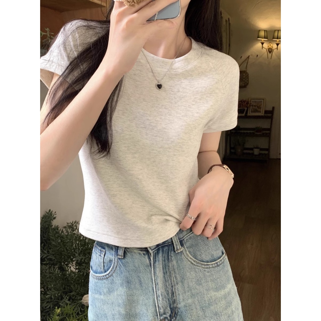 Suhao American style front shoulder short-sleeve t-shirt women 2023 new summer hot girl style slim fit cotton T-shirt short top kaos import wanita kaos wanita Korean style lengan pendek kaos pendek perempuan