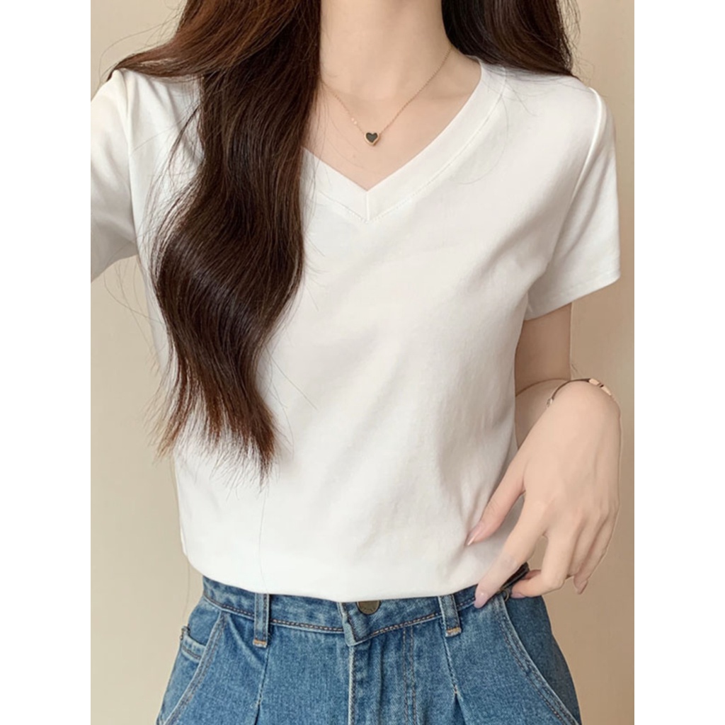 Suhao American Retro V-neck Bahu Depan Lengan Pendek T-shirt Wanita Musim Panas Katun Murni Slim Klavikula Bunga Abu-abu Top Bottoming Kemeja Kaos Import Wanita Kaos Wanita Gaya Korea Lengan Pendek Kaos Pendek Perempuan