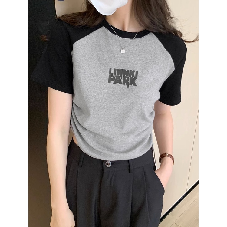 Suhao Desain Warna Kontras Lengan Pendek T-shirt Wanita Musim Panas Amerika Leher Bulat Pinggang Slim Fit Pendek Hot Girl Top Kaos Import Wanita Kaos Wanita Gaya Korea Lengan Pendek Kaos Pendek Perempuan