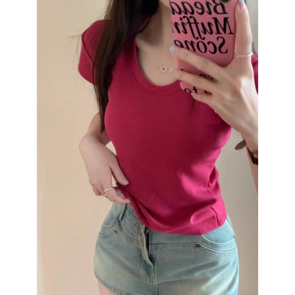 Suhao rose red U-neck front shoulder short-sleeve t-shirt women s summer hot girl cotton slim fit short collarbone top kaos import wanita kaos wanita gaya korea lengan pendek kaos pendek perempuan