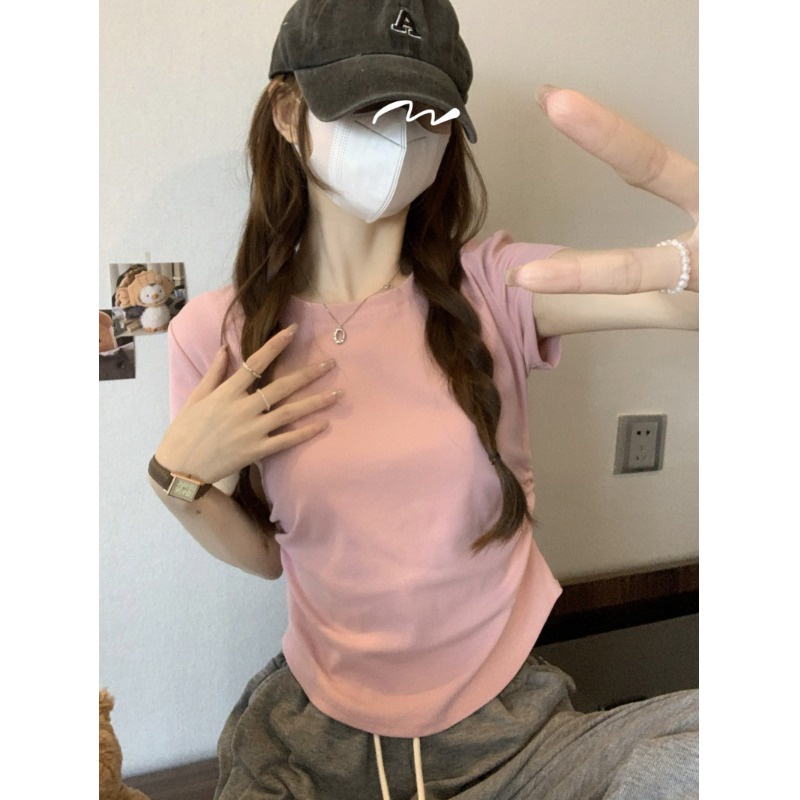 Suhao putih bahu depan lengan pendek t-shirt wanita musim panas 2023 baru melengkung hem lipit slim fit kecil pendek top kaos impor wanita kaos wanita gaya korea lengan pendek kaos pendek perempuan