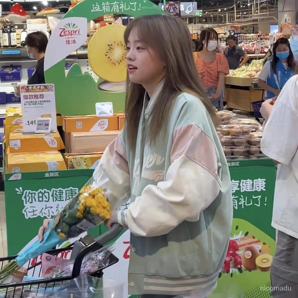 COD##jaket baseball varsity oversize wanita/Jaket Print Huruf Seragam Bisbol vintage Wani00