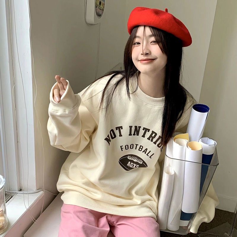 Sweater BIG SIZE (S - 6XL) American Football Crewneck Cream Cute Sweatshirts Korean Fashion Wanita Pria Oversize Harajuku Oblong S M L XL 2XL 3XL 4XL 5XL 6XL mocca beige krem coklat khaki