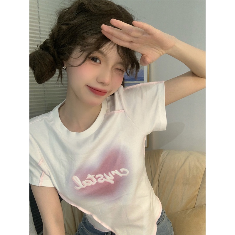 Suhao hot girl front shoulder short-sleeve t-shirt women s summer 2023 new chic irregular slim American sweet and spicy short top kaos import wanita kaos wanita korean style lengan pendek kaos pendek perempuan