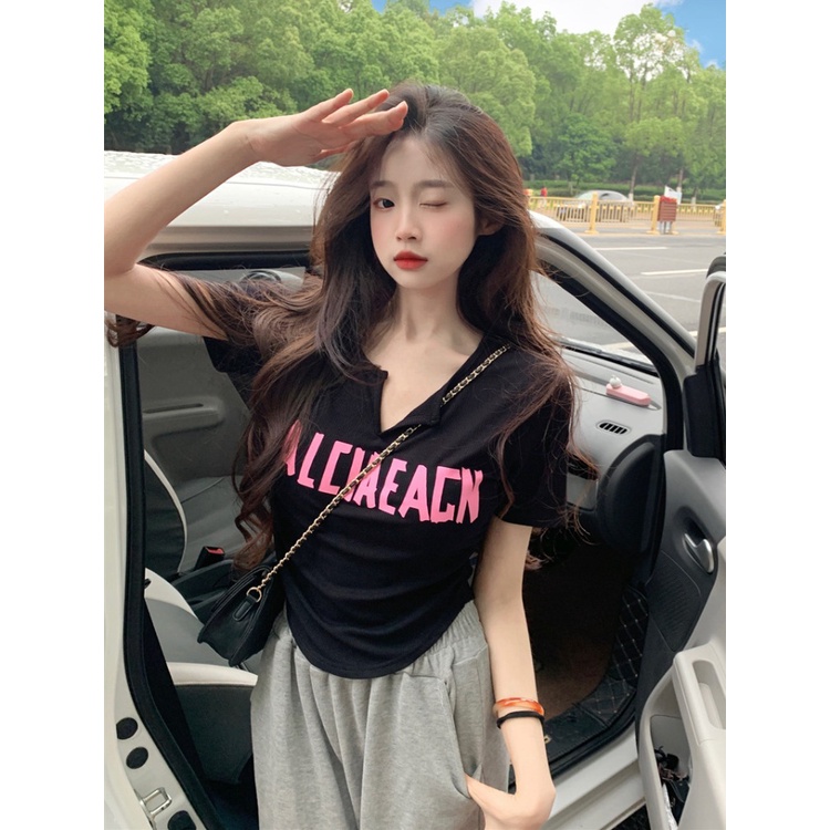 Suhao hem melengkung tidak beraturan V-neck bahu depan lengan pendek t-shirt wanita musim panas manis gadis cantik kemeja kecil pinggang atasan pendek kaos impor wanita kaos wanita gaya korea lengan pendek kaos pendek perempuan