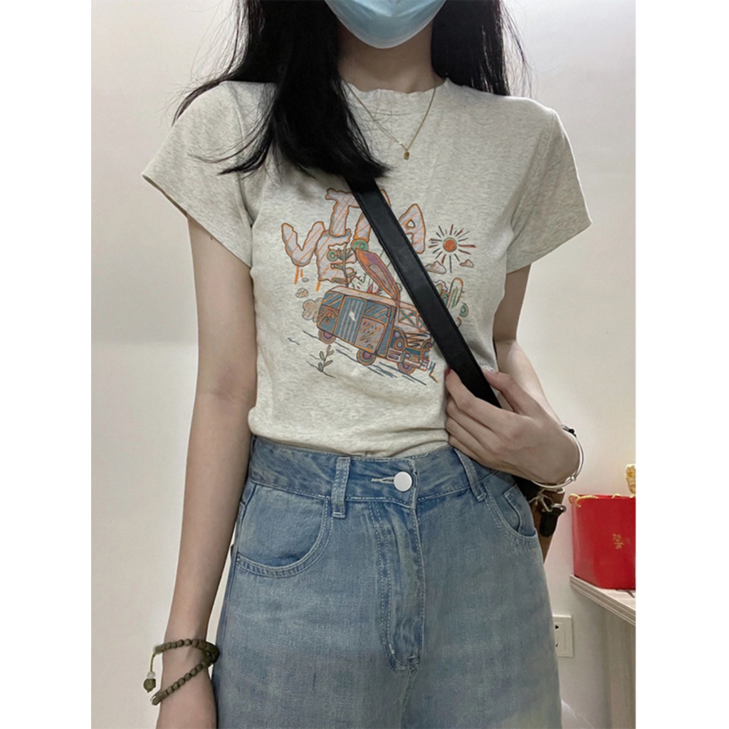 Suhao front shoulder short-sleeve t-shirt women s summer new dopamine wear high-quality kecil slim slim top kaos import wanita kaos wanita gaya korea lengan pendek kaos pendek perempuan