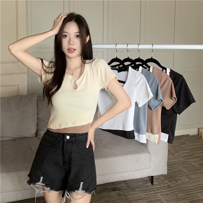 ☈✱﹉Suhao kaos import wanita kaos wanita gaya korea lengan pendek kaos pendek perempuan American retro fake two-piece large u-neck warna kopi lengan pendek t-shirt wanita musim panas pendek pinggang tinggi manis hot girl design top