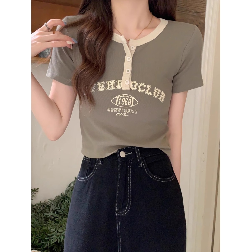 ✇Suhao kaos import wanita kaos wanita gaya korea lengan pendek kaos pendek perempuan American retro bahu depan lengan pendek t-shirt wanita desain musim panas ceruk hot girl slim fit shirt chic short top