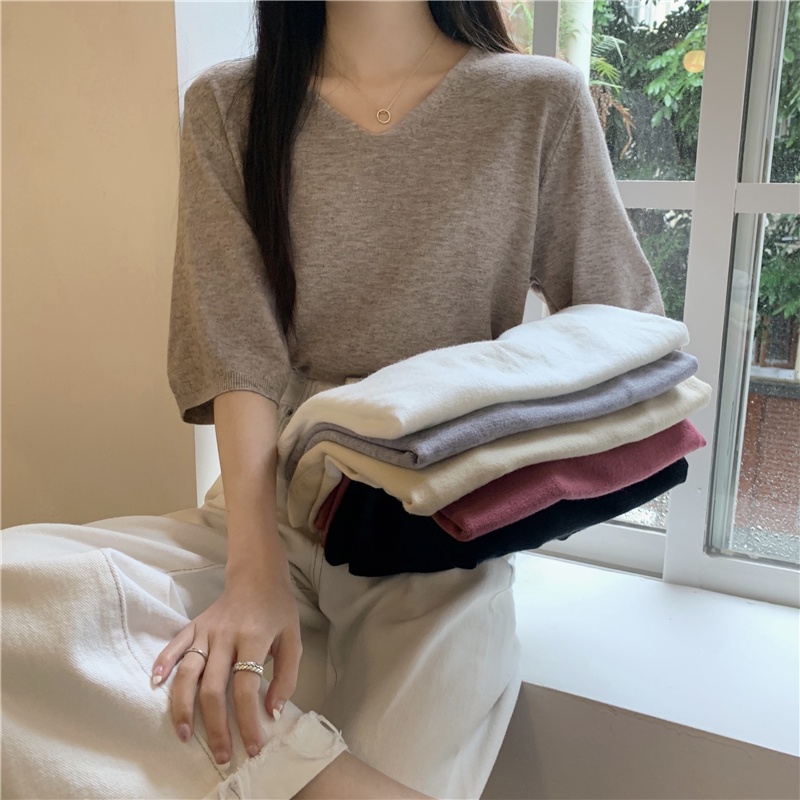 ∏☽❁Suhao kaos import wanita kaos wanita gaya korea lengan pendek kaos pendek perempuan Korean V-neck knitted short-sleeve T-shirt wanita musim panas tipis bagian dalam kemeja T-shirt front shoulder top beautiful foreign style small shirt