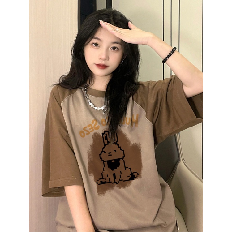 ♠☊Suhao kaos import wanita kaos wanita gaya korea lengan pendek kaos pendek perempuan American heavy brown raglan shoulder fake two-piece short-sleeved t-shirt summer rabbit splicing contrast color top design sense women