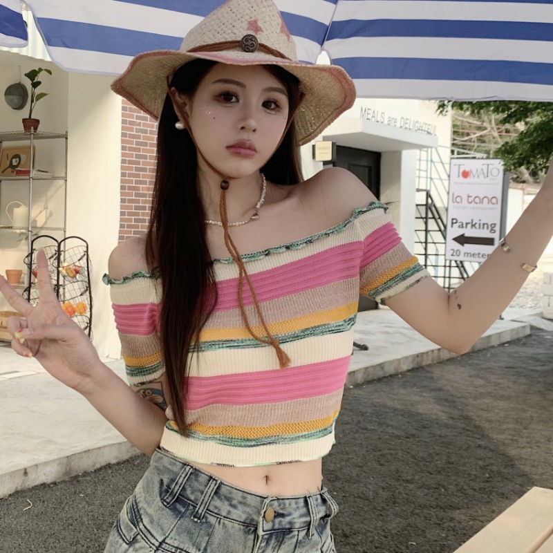 ►✹◘Suhao kaos import wanita kaos wanita korean style lengan pendek kaos pendek perempuan dopamine wear sweet style T-shirt new rainbow striped knitted short-sleeve women s sweet and spicy one-shoulder top short section