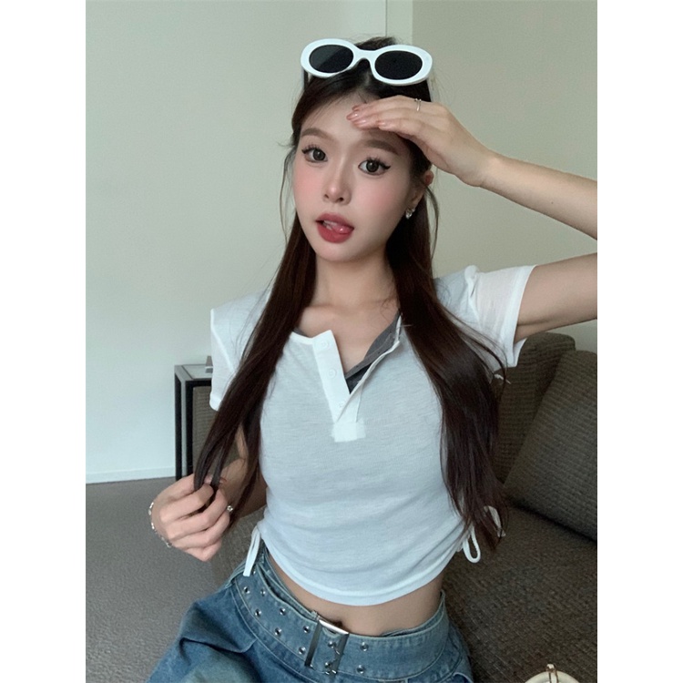 ✧✾Suhao kaos import wanita kaos wanita gaya korea lengan pendek kaos pendek perempuan fake two-piece drawstring half-open collar white short-sleeved t-shirt women s summer sweet hot girl short short design top