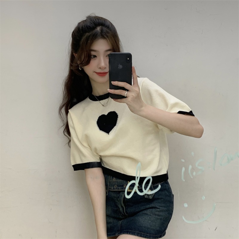 ✤﹉๑Suhao kaos import wanita kaos wanita gaya korea lengan pendek kaos pendek perempuan design sense niche love jacquard knitted short-sleeved t-shirt women summer loose chic French chic short top