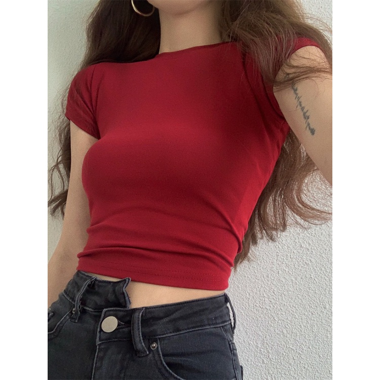 ✚Suhao kaos import wanita kaos wanita gaya korea lengan pendek kaos pendek perempuan hitam berpinggang tinggi bahu lengan pendek t-shirt wanita musim panas slim fit ketat dalaman seksi hot girl crop top merah