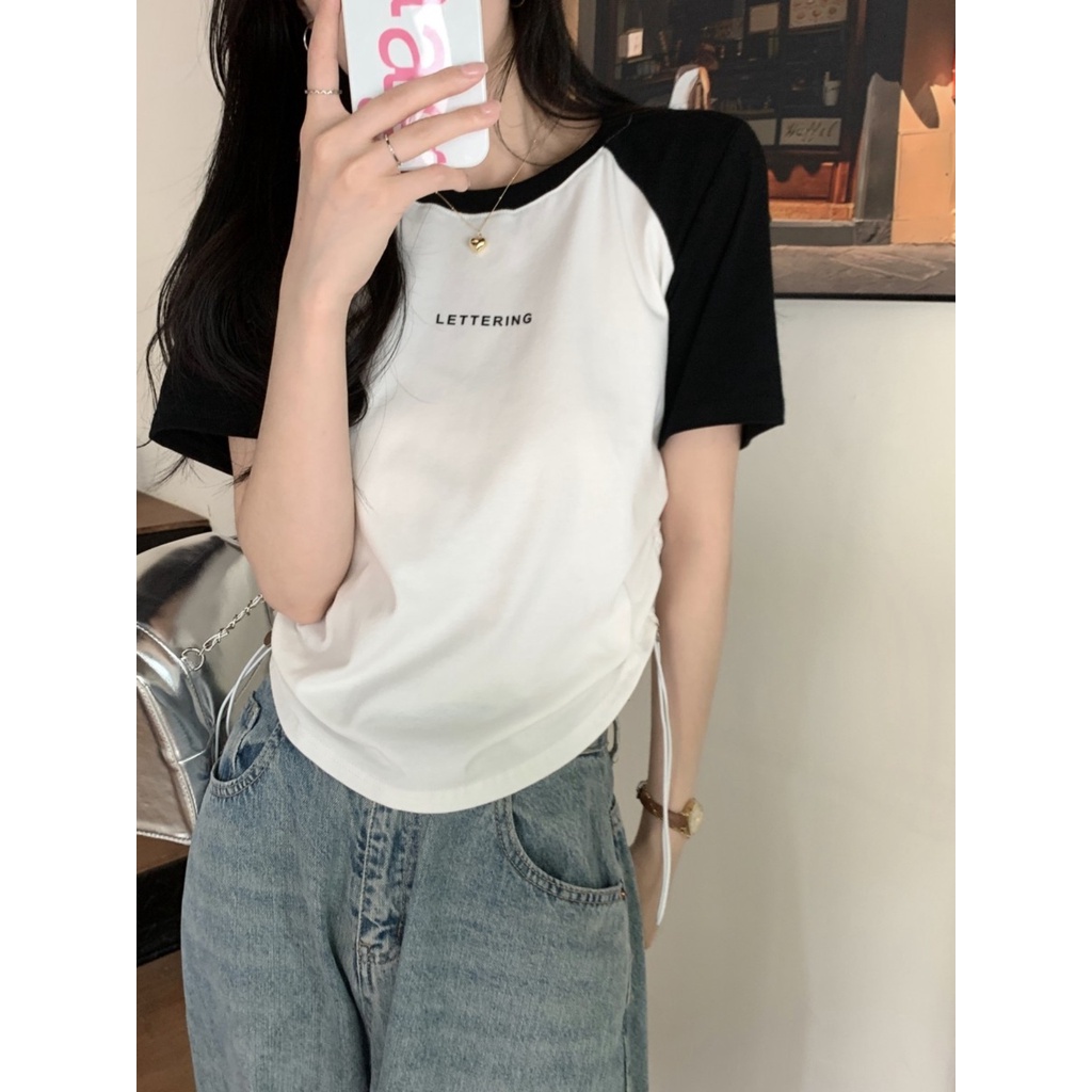 ✲✱Suhao kaos import wanita kaos wanita gaya korea lengan pendek kaos pendek perempuan American retro regular drawstring short-sleeved T-shirt women s summer slim-fit raglan sleeve T-shirt contrasting color hot girl jacket