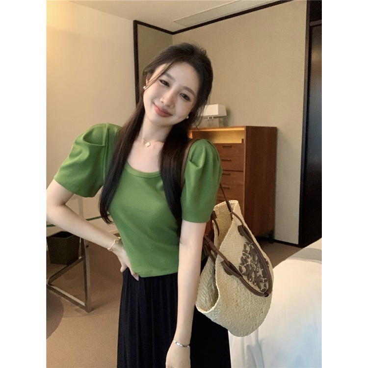 ﺴ▽Suhao kaos import wanita kaos wanita gaya korea lengan pendek kaos pendek perempuan French u-neck front shoulder puff sleeve short-sleeve t-shirt women s summer summer slim ice silk T-shirt short high waist top