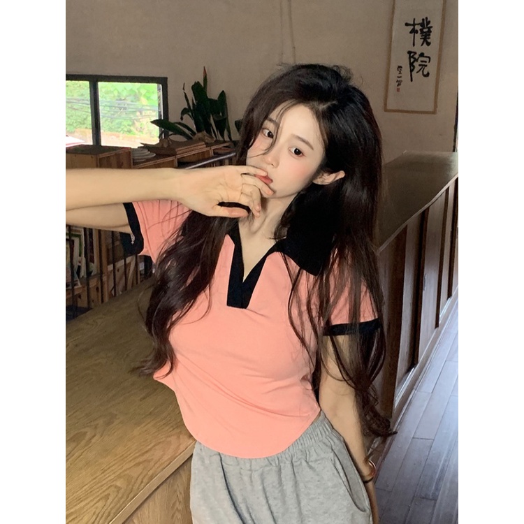 ☈Suhao kaos import wanita kaos wanita gaya korea lengan pendek kaos pendek perempuan hot girl style contrast color lapel front shoulder short-sleeve t-shirt women s summer design sense niche slim slim short top ins