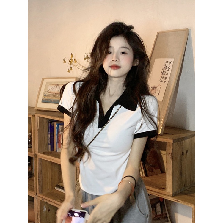 ☈Suhao kaos import wanita kaos wanita gaya korea lengan pendek kaos pendek perempuan hot girl style contrast color lapel front shoulder short-sleeve t-shirt women s summer design sense niche slim slim short top ins