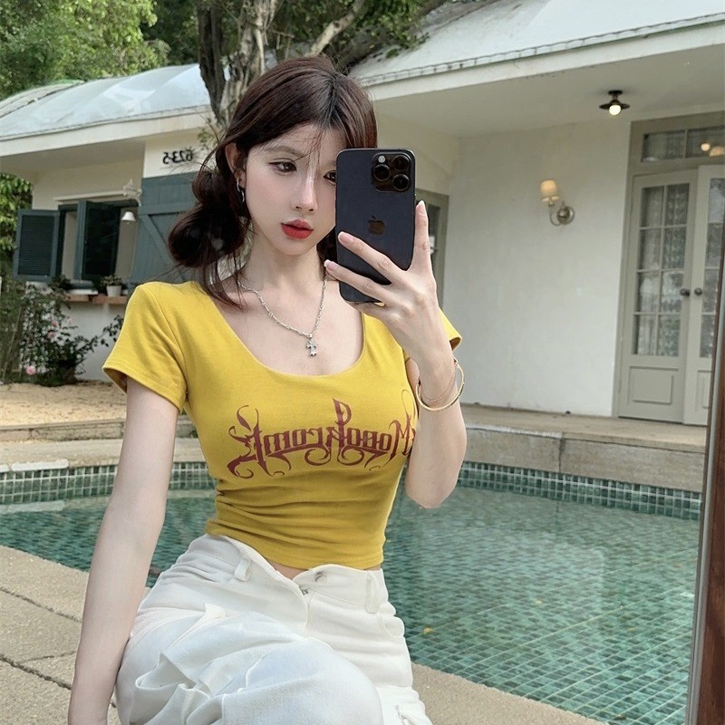 ✓◊☃Suhao kaos impor wanita kaos wanita gaya korea lengan pendek kaos pendek perempuan bahu depan putih t-shirt lengan pendek wanita musim panas desain rasa ceruk seksi keinginan murni American hot girl slim short top