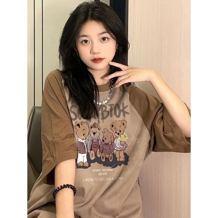 ♠Suhao kaos import wanita kaos wanita gaya korea lengan pendek kaos pendek perempuan niche American t-shirt raglan coffee color bear short sleeve splicing fake two-piece top women s summer Japanese retro lazy