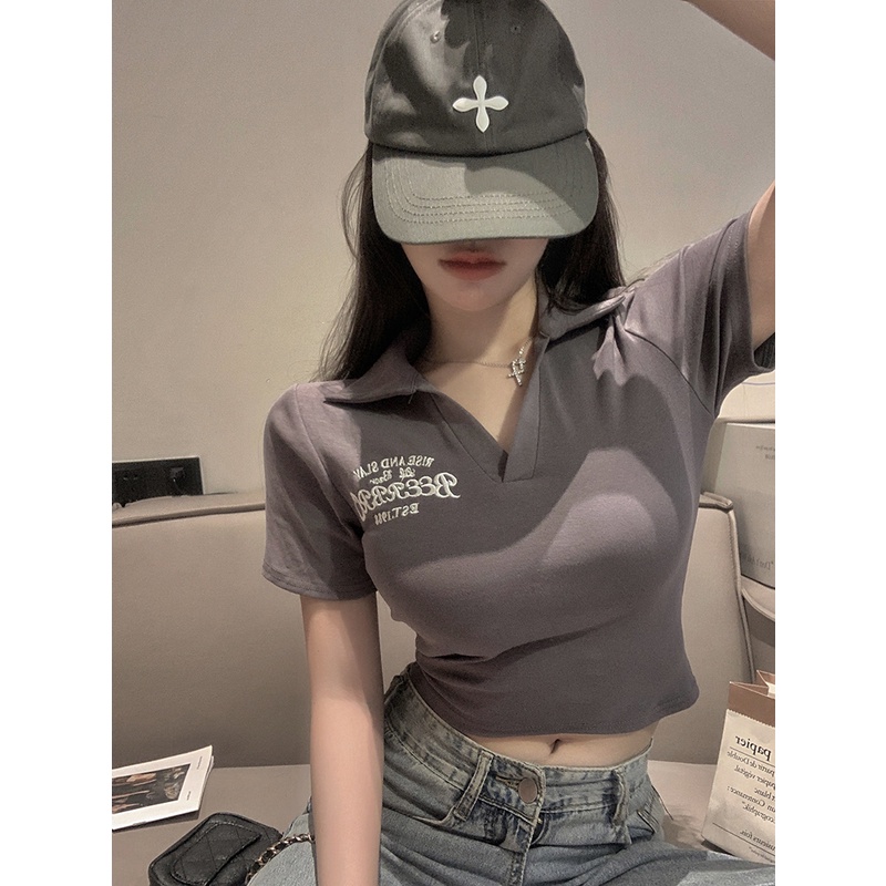 ♞₪Suhao kaos import wanita kaos wanita gaya korea lengan pendek kaos pendek perempuan American retro grey polo collar short-sleeve t-shirt women s summer shoulder pure desire hot girl short slim slim top