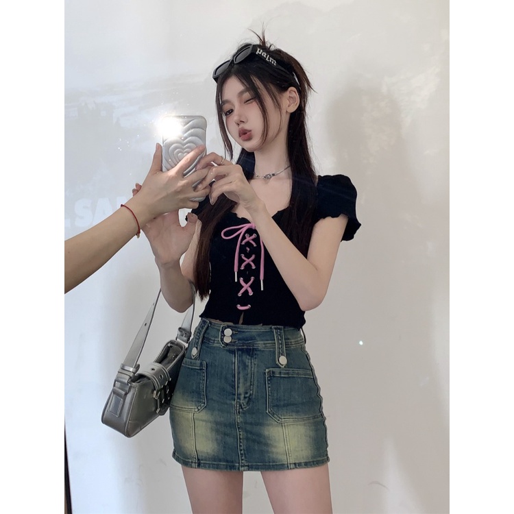 ✺◆♤Suhao kaos import wanita kaos wanita gaya korea lengan pendek kaos pendek perempuan French sweet and spicy front shoulder short-sleeved knitted T-shirt women s summer self-buditure and thin short section strappy hollow small top