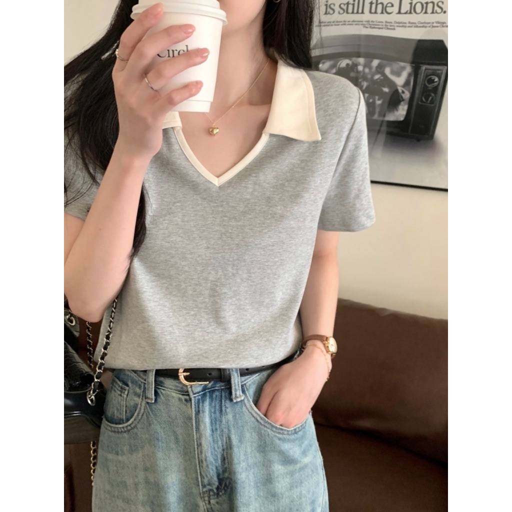 ☁Suhao kaos import wanita kaos wanita gaya korea lengan pendek kaos pendek perempuan abu-abu Polo kerah depan bahu lengan pendek T-shirt wanita musim panas rasa desain ceruk American loose slim cotton top ins