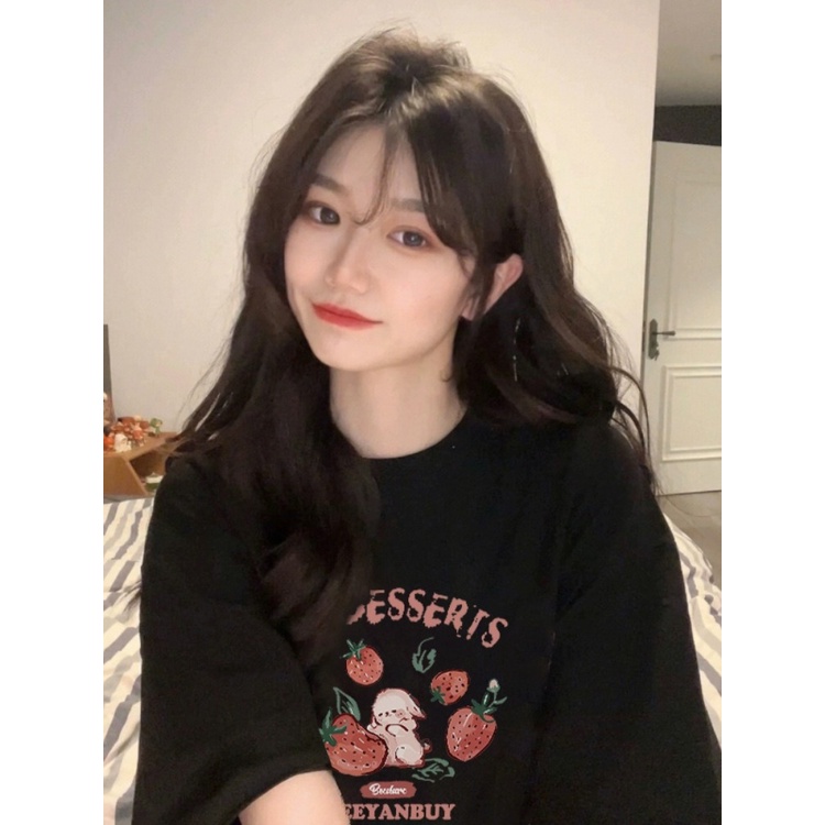 ▲Suhao kaos import wanita kaos wanita gaya korea lengan pendek kaos pendek perempuan hitam dan merah muda lengan setengah bahu depan lengan pendek kartun t-shirt wanita musim panas kecil T-shirt design sense small many papamine tops