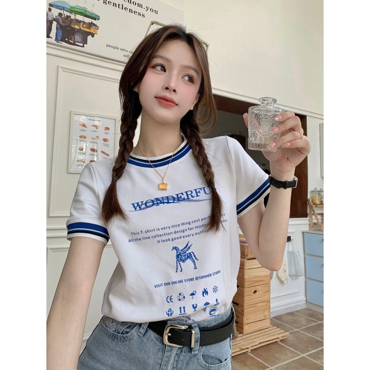 ◆☋Suhao Kaos Import Wanita Kaos Wanita Gaya Korea Lengan Pendek Kaos Pendek Perempuan Gaya Korea Memakai Atasan dengan Jeans Desain Unik Rasa Niche Hit Warna Lengan Pendek Bahu Depan T-shirt untuk Wanita Musim Panas