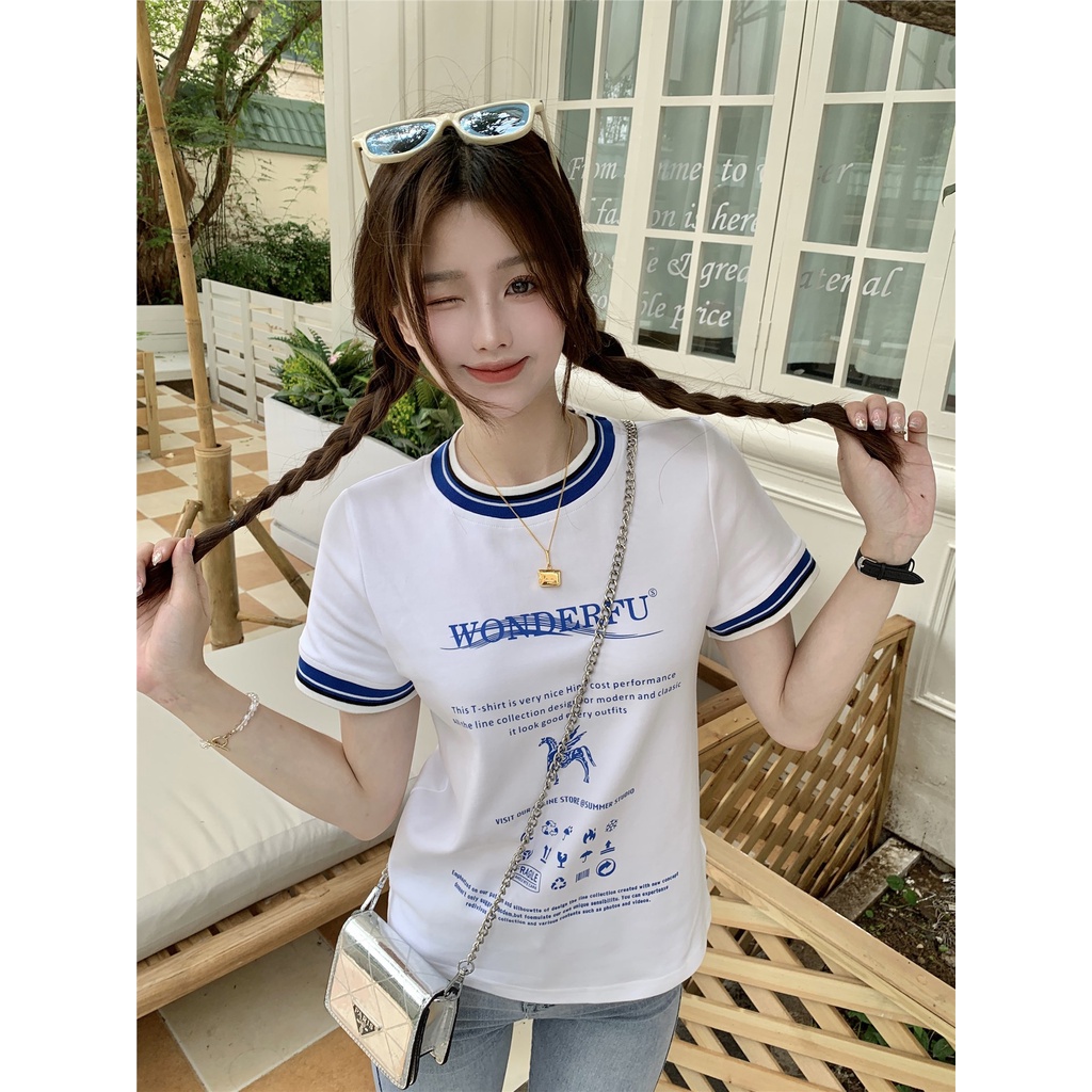 ◆☋Suhao Kaos Import Wanita Kaos Wanita Gaya Korea Lengan Pendek Kaos Pendek Perempuan Gaya Korea Memakai Atasan dengan Jeans Desain Unik Rasa Niche Hit Warna Lengan Pendek Bahu Depan T-shirt untuk Wanita Musim Panas