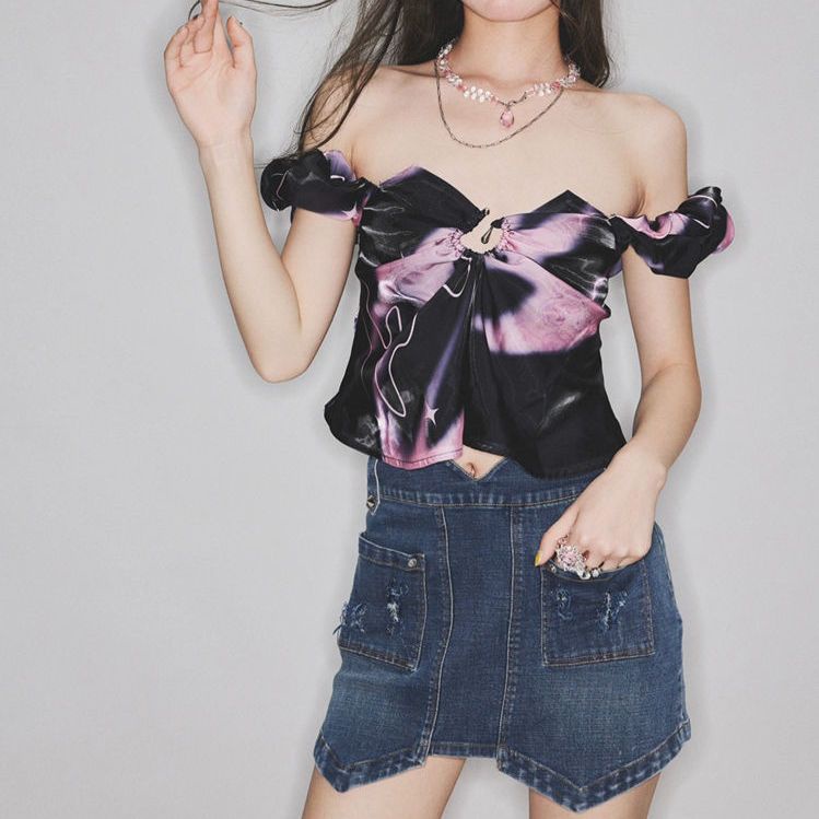 Red Manis keren hot gadis mata kucing asli gradien keinginan murni seksi one-shoulder dicetak rompi kamisol top wanita musim panas semua pertandingan
