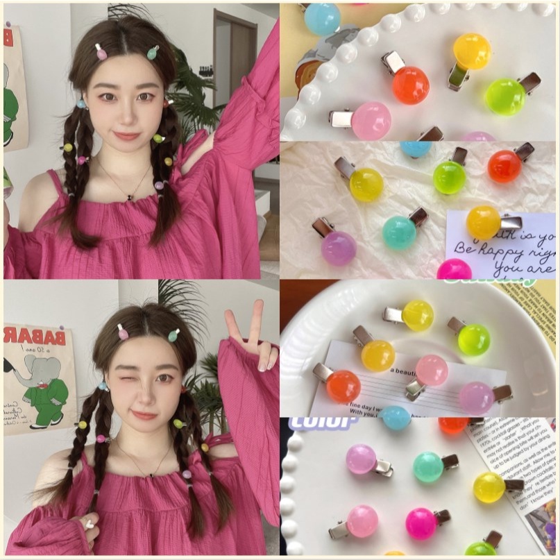 【Bayar di tempat】vintage Round Ball Hair Clip Girl Duckbill Clip Candy Color Poni Jepit Rambut Aksesori Rambut Manis