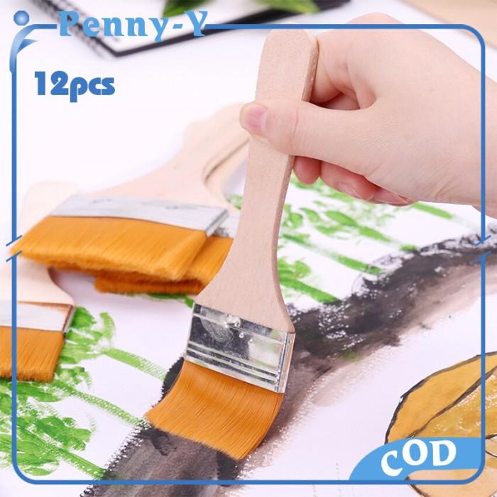 

Terlaris 12Pcs Kuas Lukis Lebar Gagang Kayu Nylon Flat Painting Brush