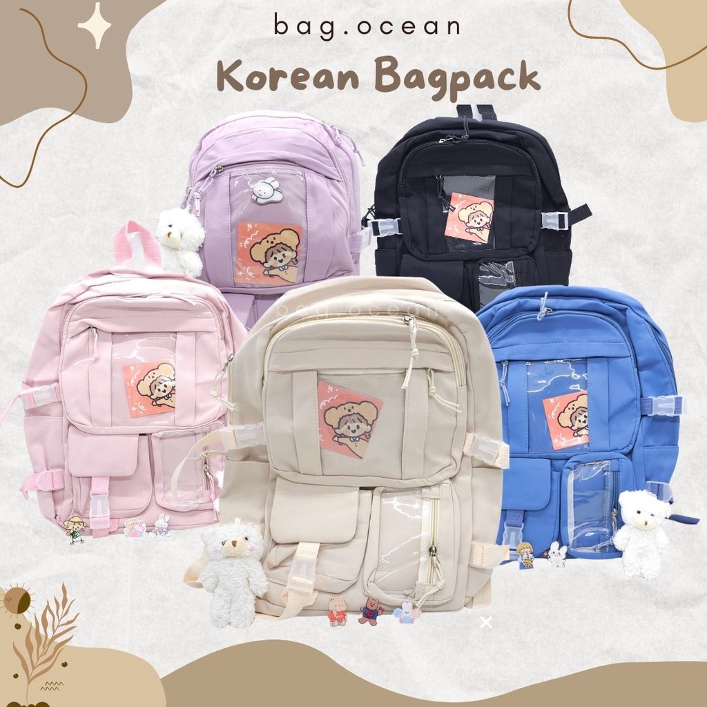 STYLISH KOREAN BAGPACK 17&quot; FREE BONEKA / TAS KOREA BONEKA + BROSS ORIGINAL MURAH/ TAS REMAJA WANITA BARU / RANSEL IMPORT CEWEK MURAH / TAS SD SMP SMA KULIAH PEREMPUAN / RANSEL KOREA LUCU IMPORT + RUANG TRANSPARAN BONEKA BROSS / TAS ESTETIK LUCU WATERPROOF