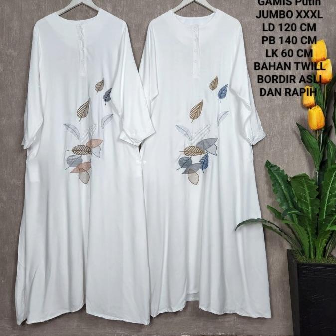 Gamis Jumbo Putih XXXL Model Bordir Dengan Ld 120 Cm