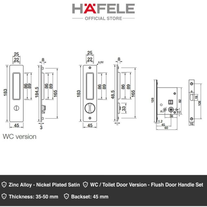 Hafele Mortise Sliding Door - Badan Kunci Pintu Geser - Satin