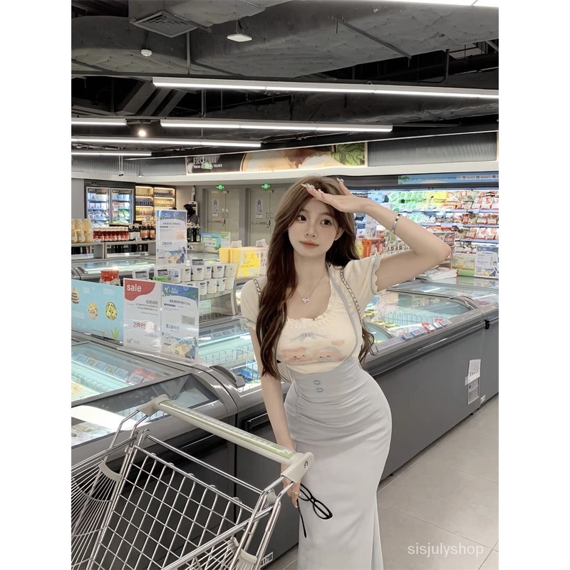 [✅BISA COD] #Sisjuly# Setelan Wanita / Atasan Lengan Pendek Bunga Baru + Leher Gantung Pinggul Tali
