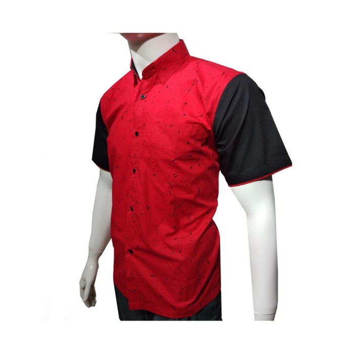 Grass Mens Kemeja Kasual Pria Merah Kombinasi Lengan Size Jumbo Merah