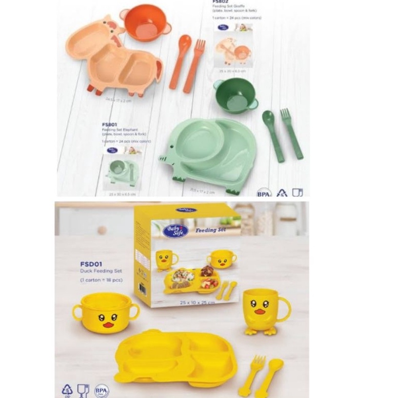 Baru?? Baby Safe Feeding Set Duck Elephant Giraffe - BabySafe Piring Sendok Mangkok Gelas Makan Anak