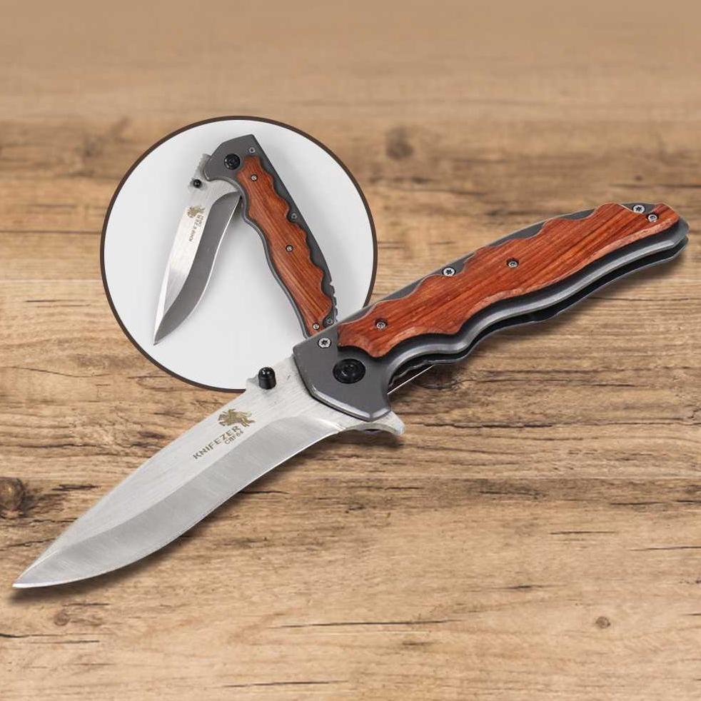 Knifezer Blade Pisau Lipat Berburu Knife Wooden Handle - Cbf64